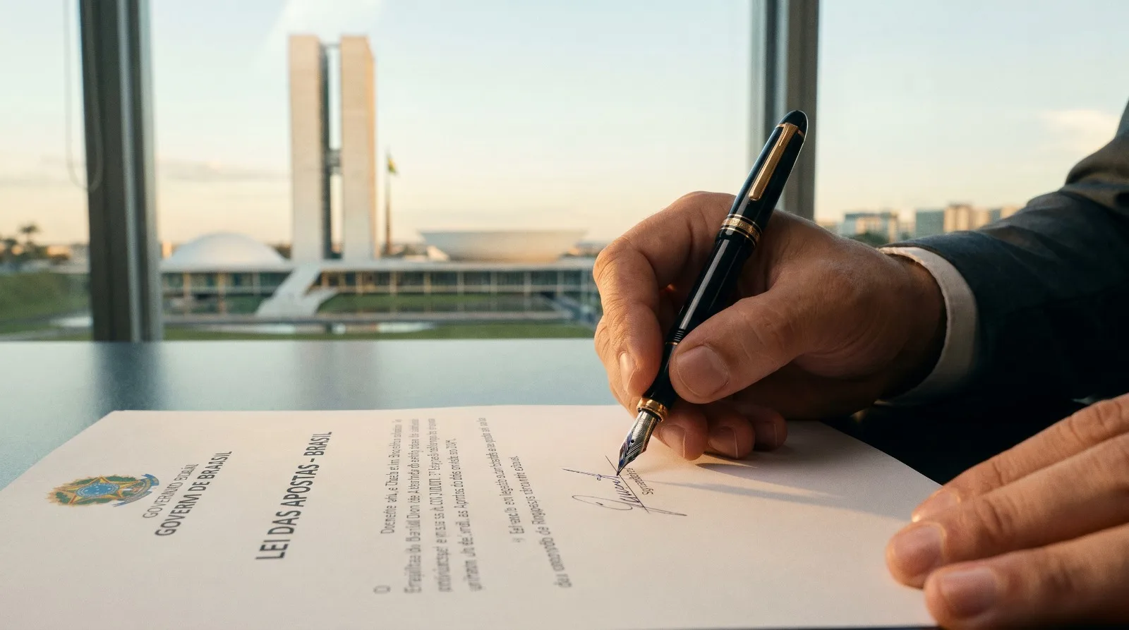 Close-up da mão de uma autoridade assinando um documento oficial intitulado 'LEI DAS APOSTAS - BRASIL'. Ao fundo, através de uma grande janela, vê-se a arquitetura icônica do Congresso Nacional em Brasília sob a luz suave do entardecer.